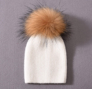 Kids Cashmere Knitted Hat One Fur PomPom