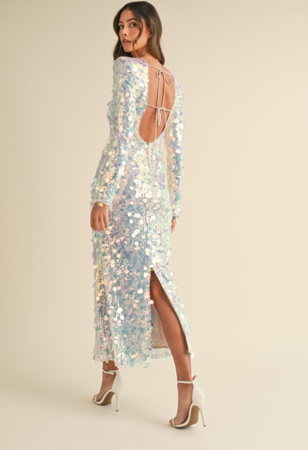 SEQUIN LONG SLEEVE OPEN BACK MERMAID MIDI DRESS – NDS Boutique