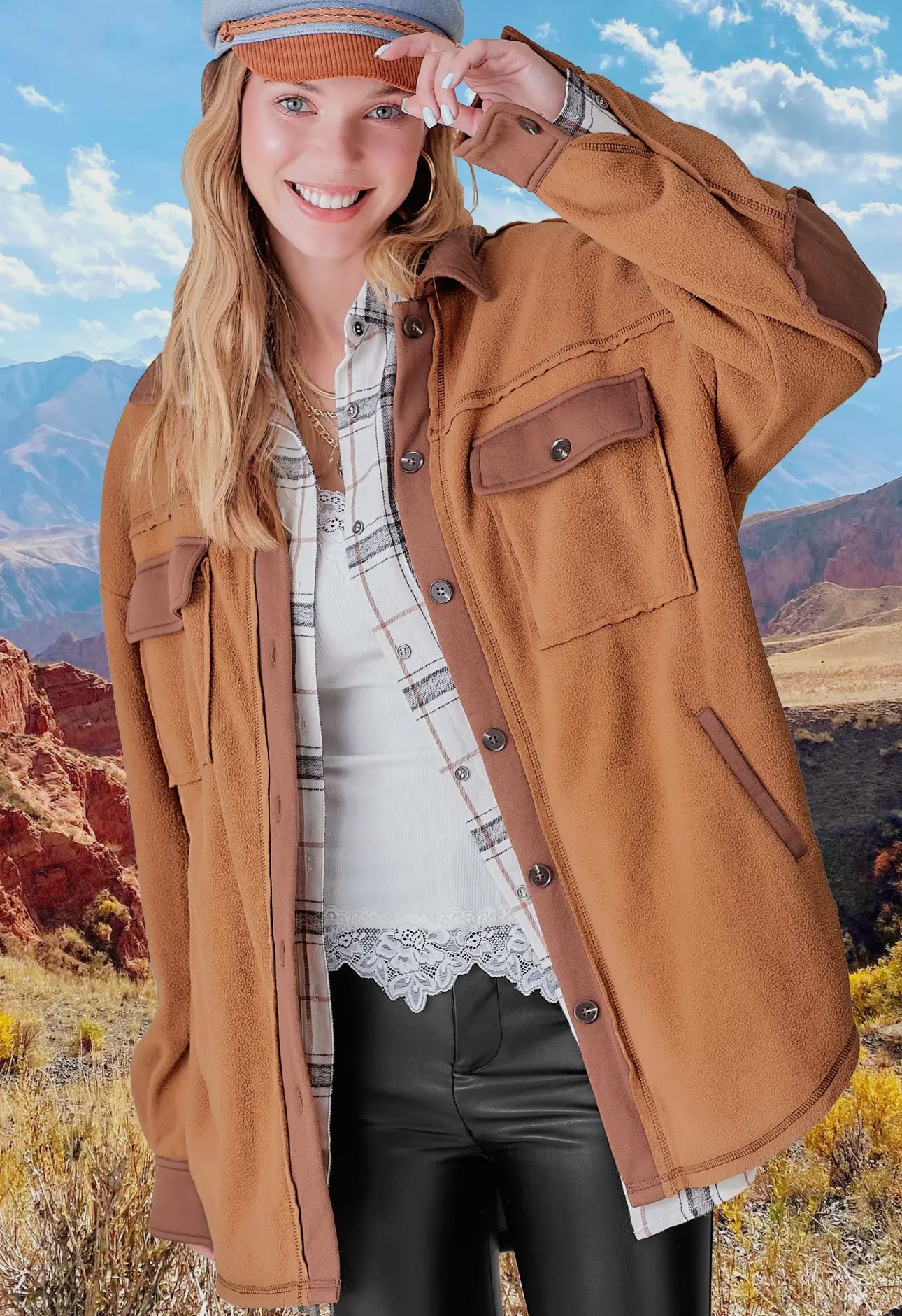 thumbnail image 2 of SELINK Womens Aztec Print Fleece Hoodie Jacket Button Down Shacket Casual Sherpa Coats Warm Outwear With Pockets, Apricot, Small 2 of 13