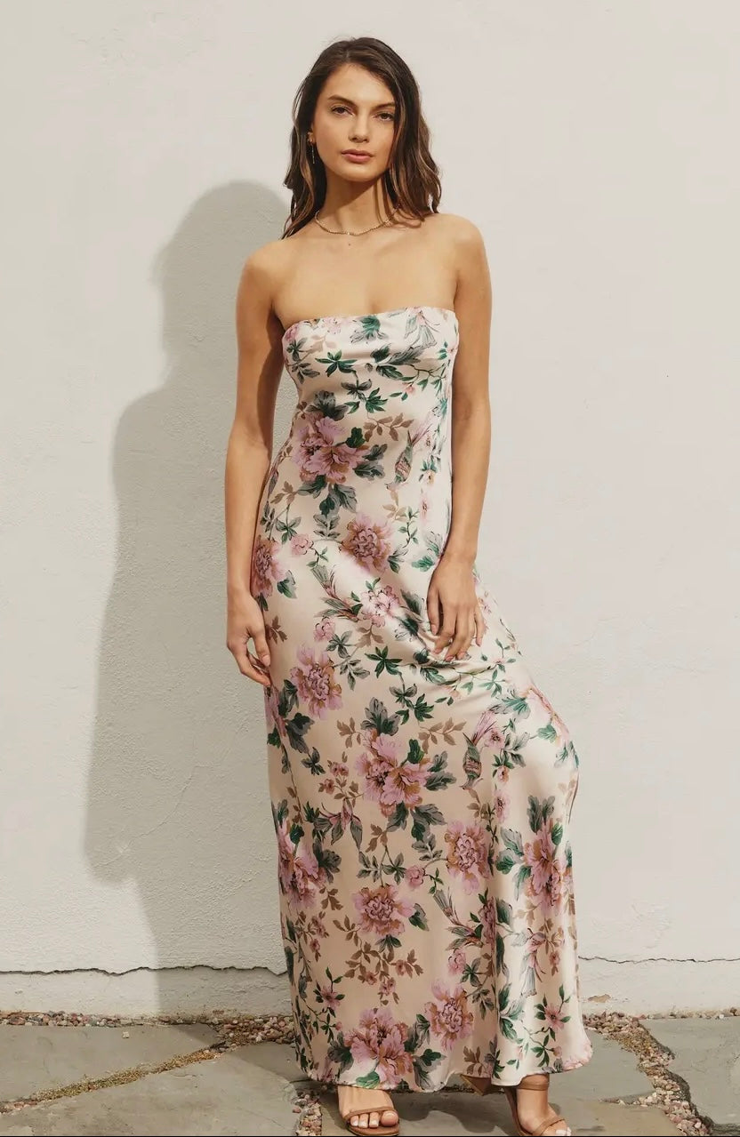 Morning Meadow Strapless Bias Cut Maxi Dress