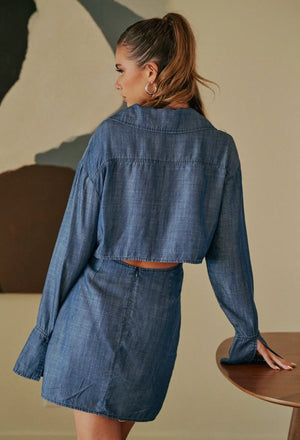 Chambray Cut Out Back Collared Dress