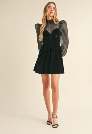 BLACK ROSE ORGANZA PUFF SLEEVE VELVET DRESS