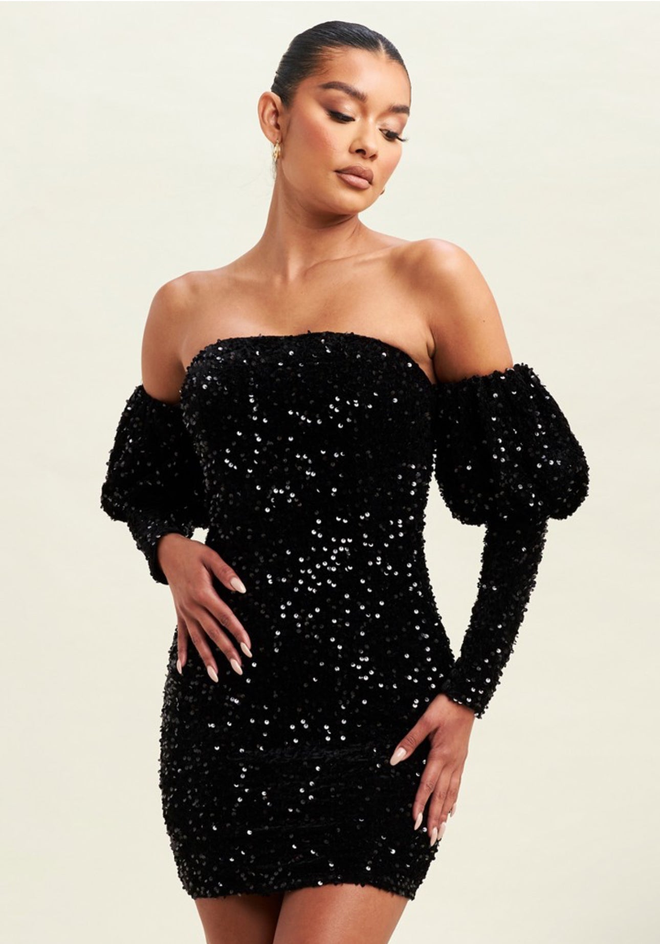 sequin bubble sleeve dress Sequin Puff Sleeve Mock Neck Dress Medium