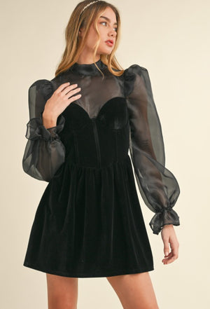 BLACK ROSE ORGANZA PUFF SLEEVE VELVET DRESS