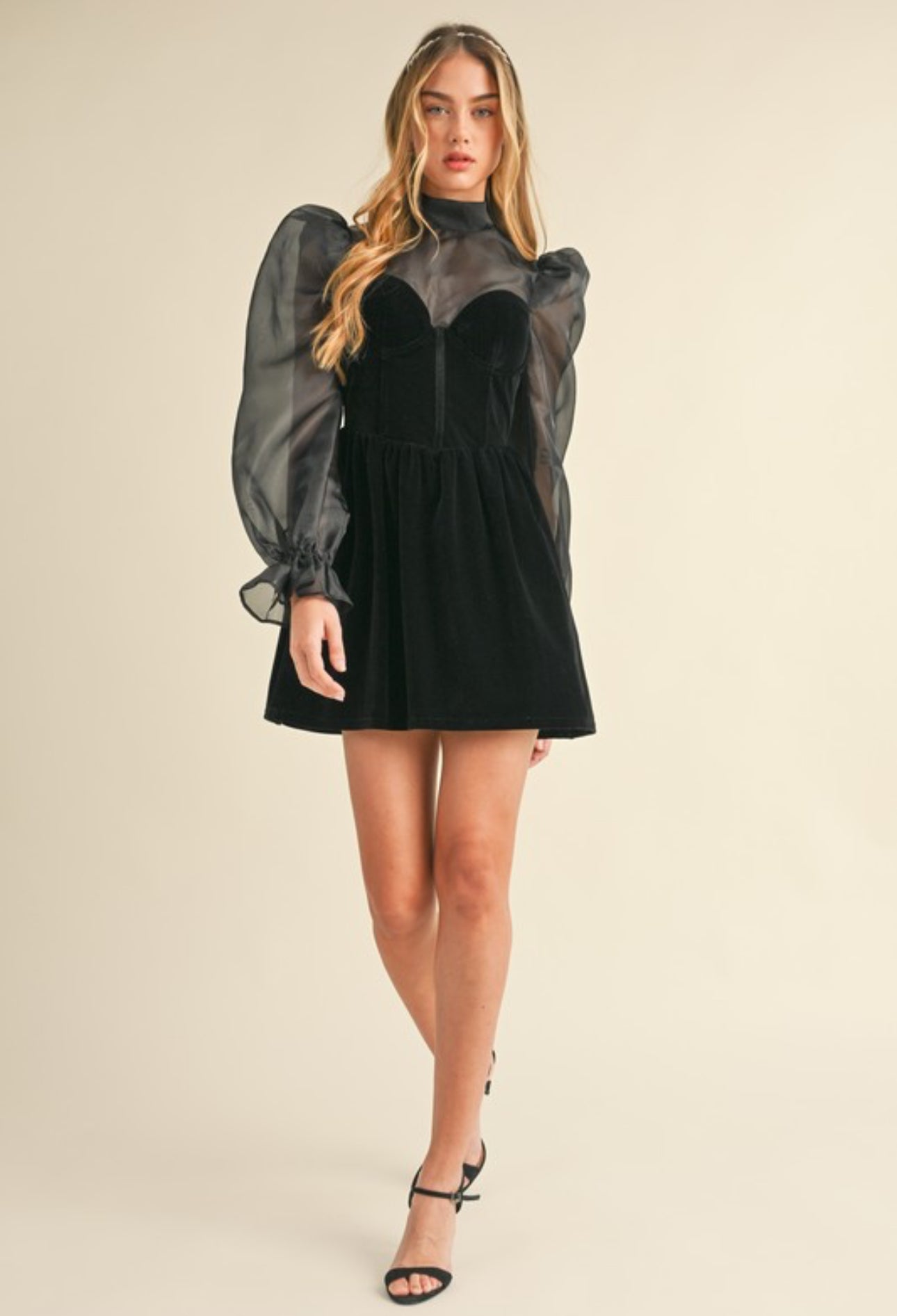 BLACK ROSE ORGANZA PUFF SLEEVE VELVET DRESS