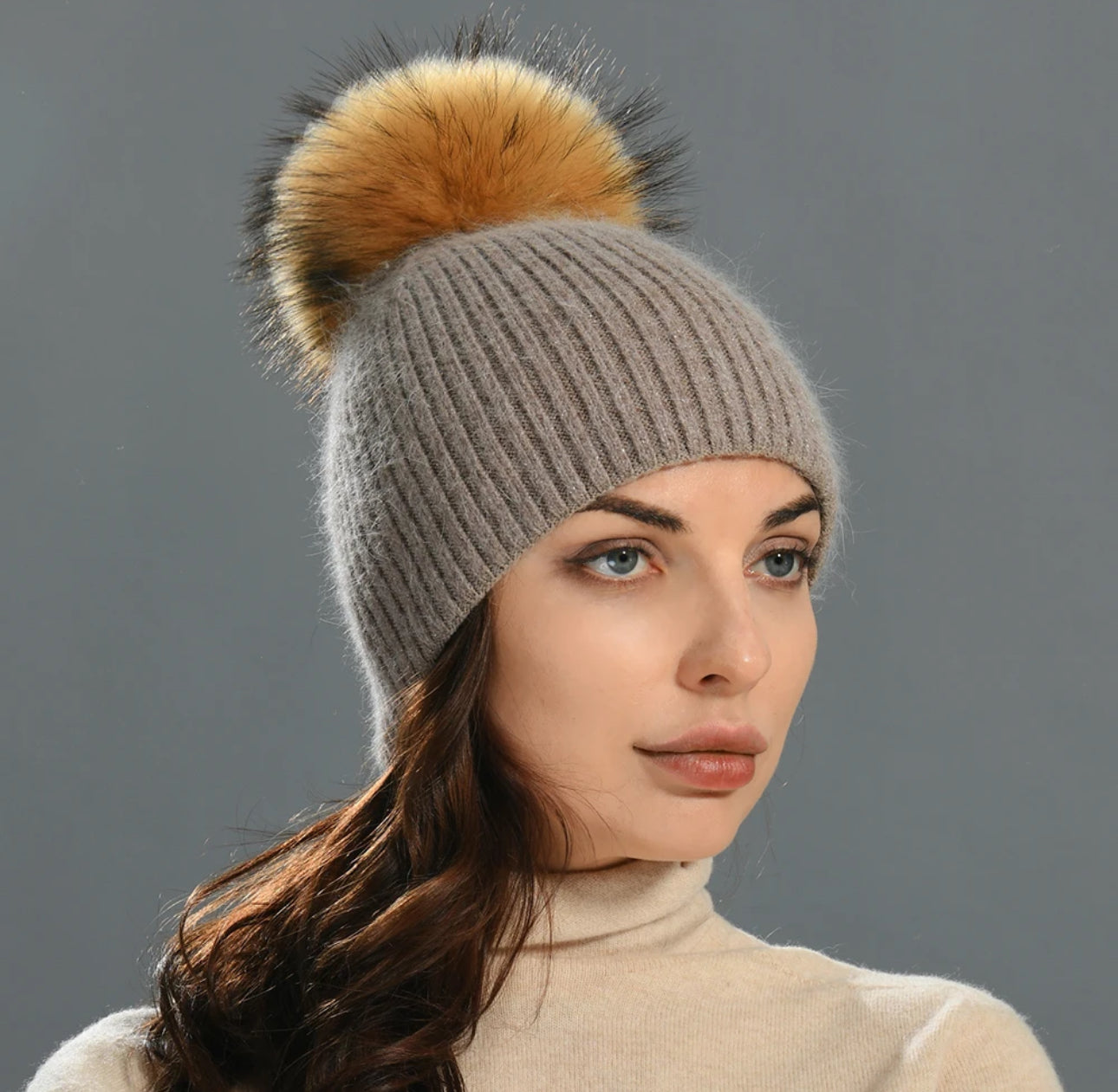 Adult Cashmere Knitted Hat One Fur PomPom