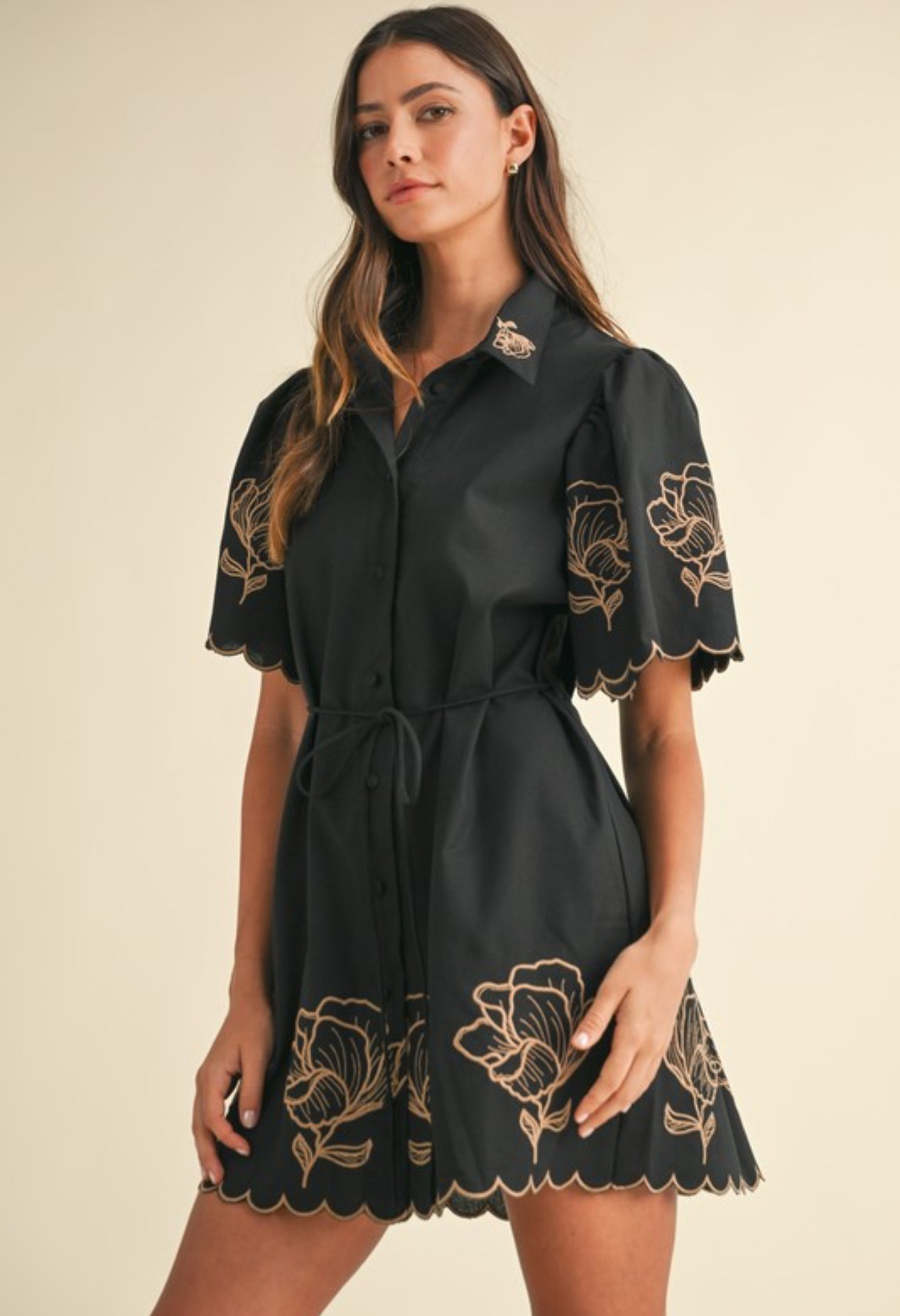 LINEN FLORAL EMBO DRESS