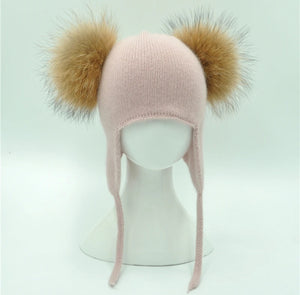 Kids Cashmere Knitted Hat Two Real Fur PomPoms