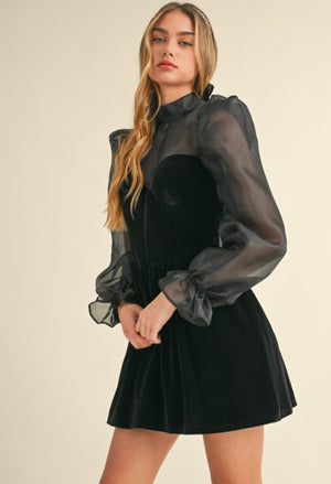 BLACK ROSE ORGANZA PUFF SLEEVE VELVET DRESS