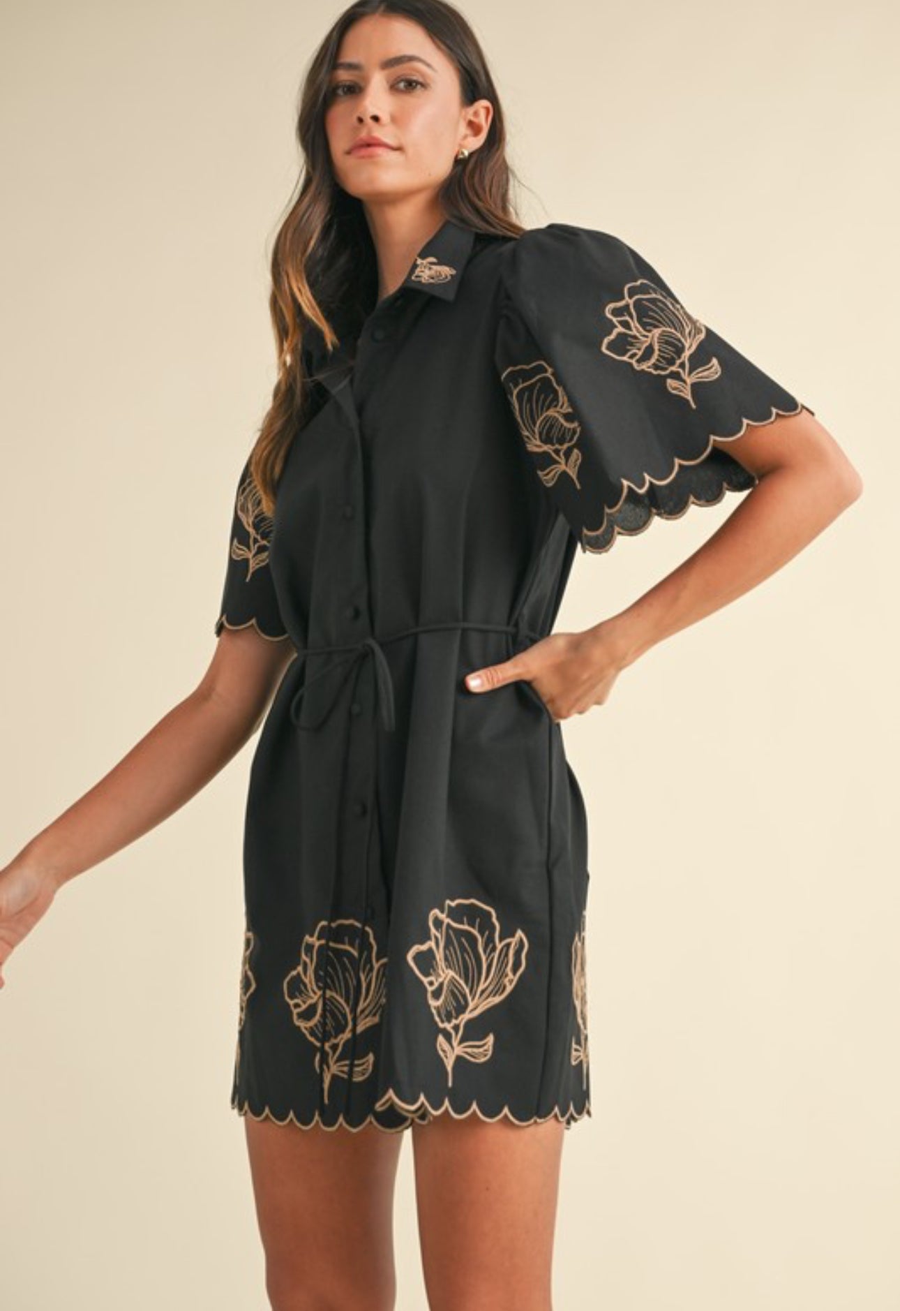 LINEN FLORAL EMBO DRESS