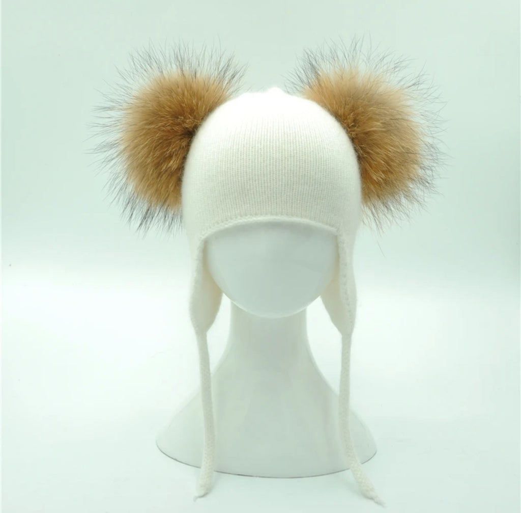 Kids Cashmere Knitted Hat Two Real Fur PomPoms