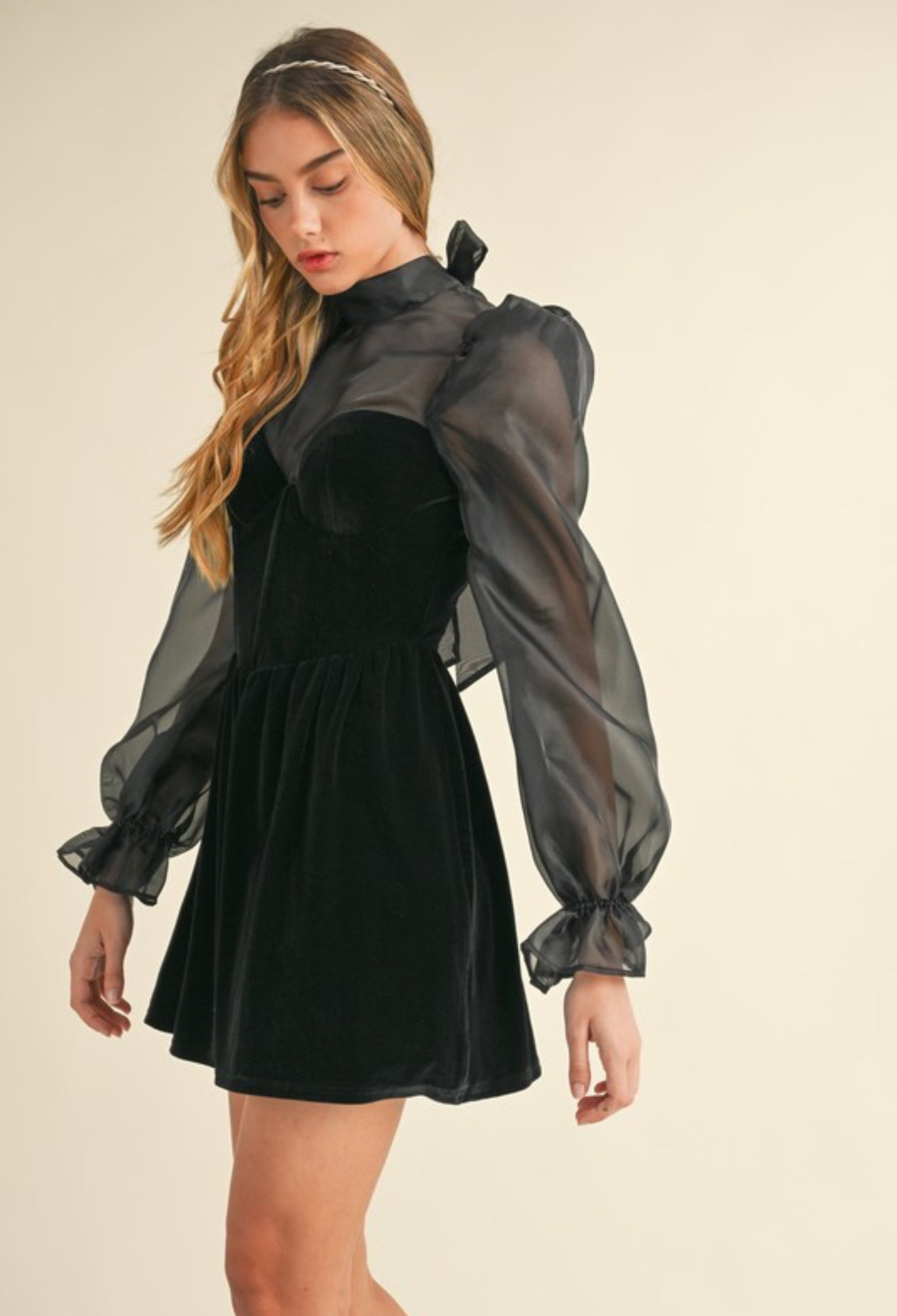 BLACK ROSE ORGANZA PUFF SLEEVE VELVET DRESS