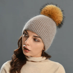 Adult Cashmere Knitted Hat One Fur PomPom