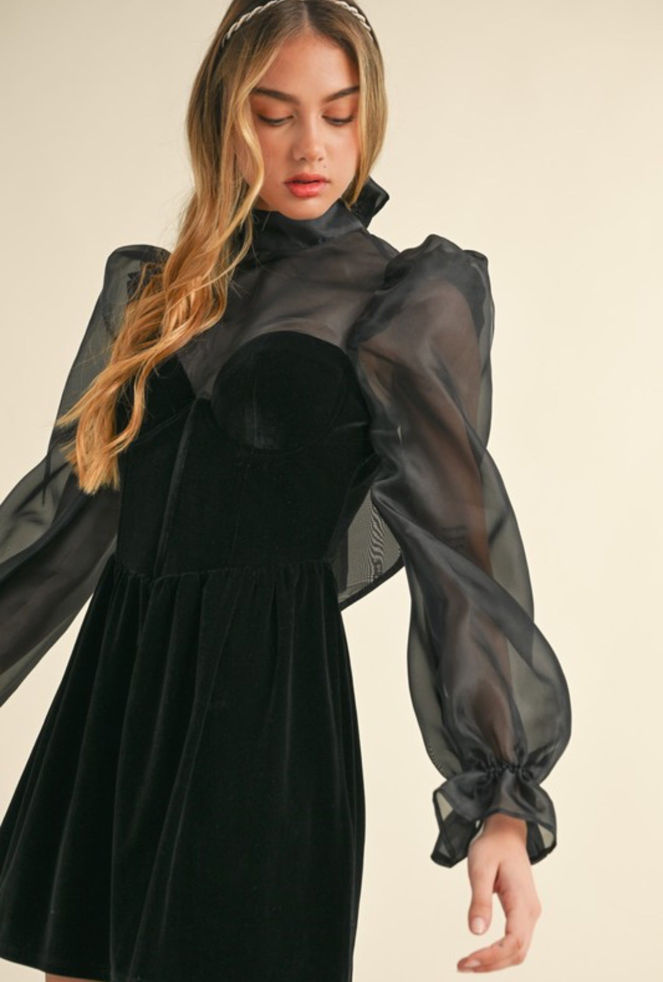 BLACK ROSE ORGANZA PUFF SLEEVE VELVET DRESS