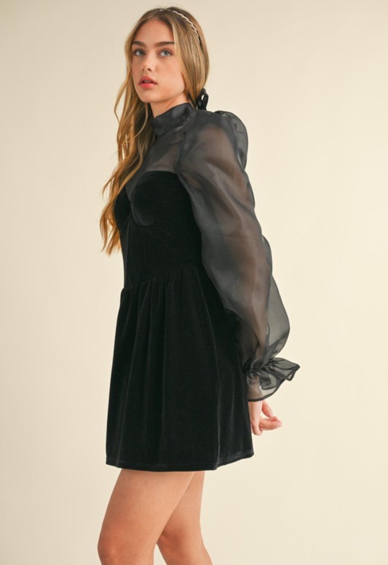 BLACK ROSE ORGANZA PUFF SLEEVE VELVET DRESS