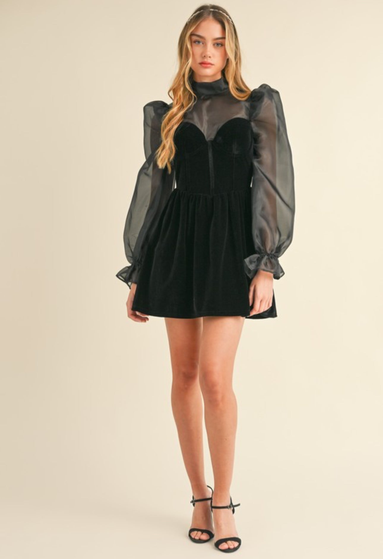 BLACK ROSE ORGANZA PUFF SLEEVE VELVET DRESS