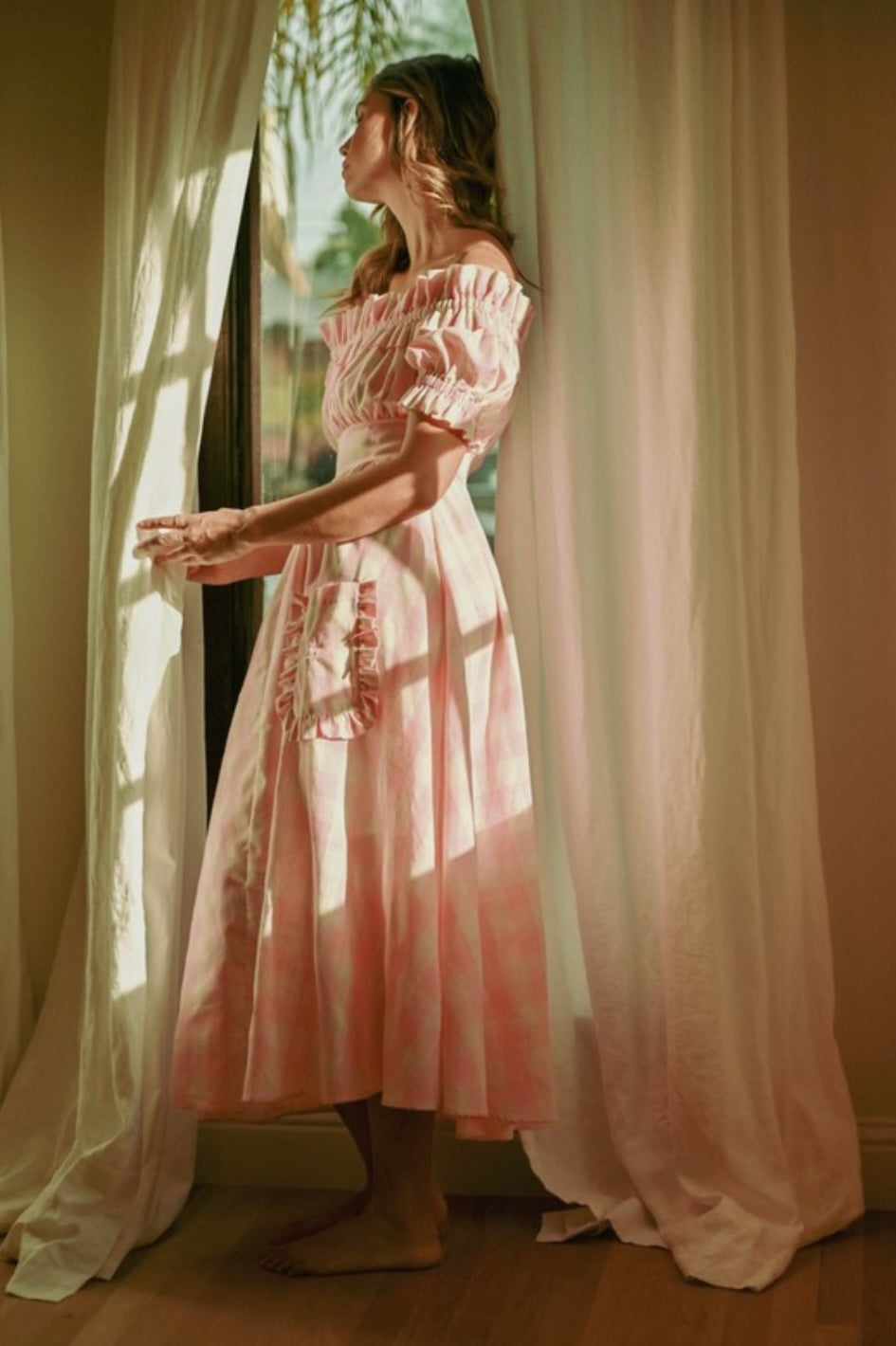 Blush OFF SHOULDER RUFFLE MIDI DRESS
