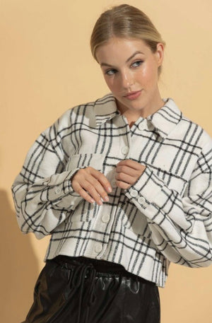 White Plaid Cropped Jacket With Buttons