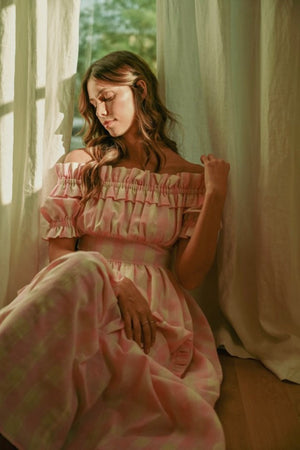 Blush OFF SHOULDER RUFFLE MIDI DRESS
