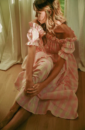 Blush OFF SHOULDER RUFFLE MIDI DRESS