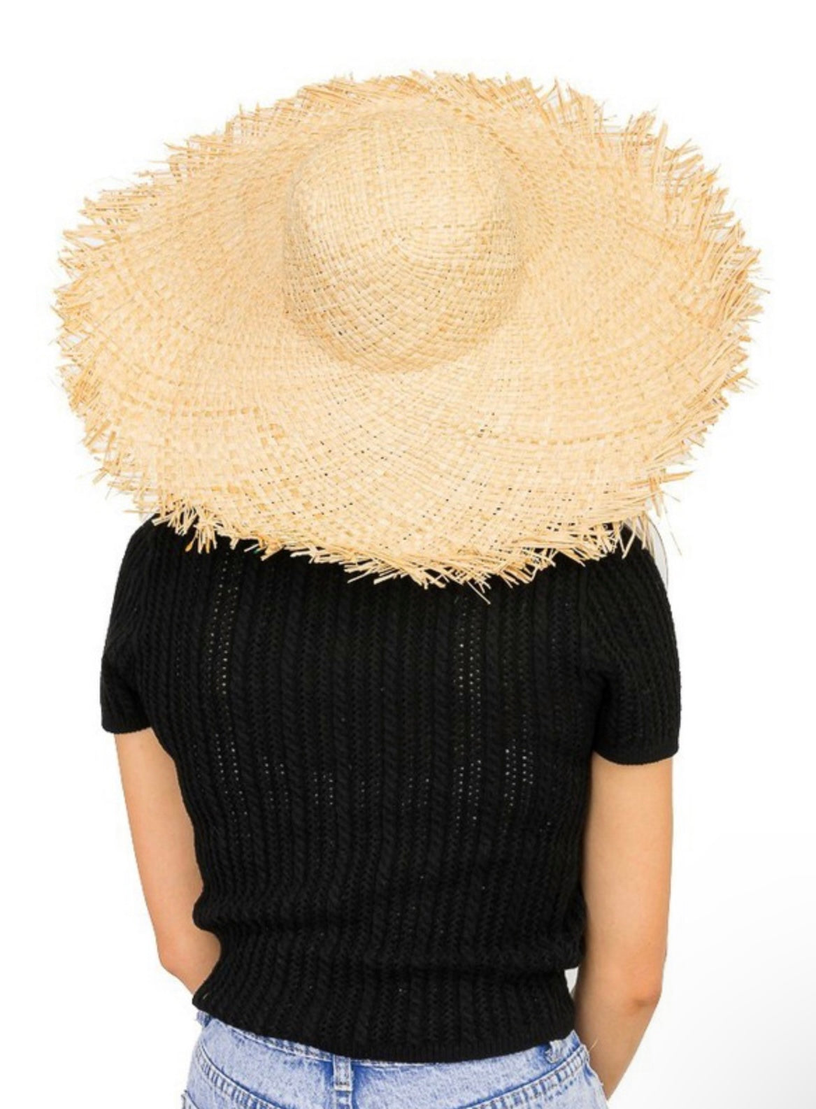 Raffia Frayed Trim Large Brim Floppy Sun Round Hat