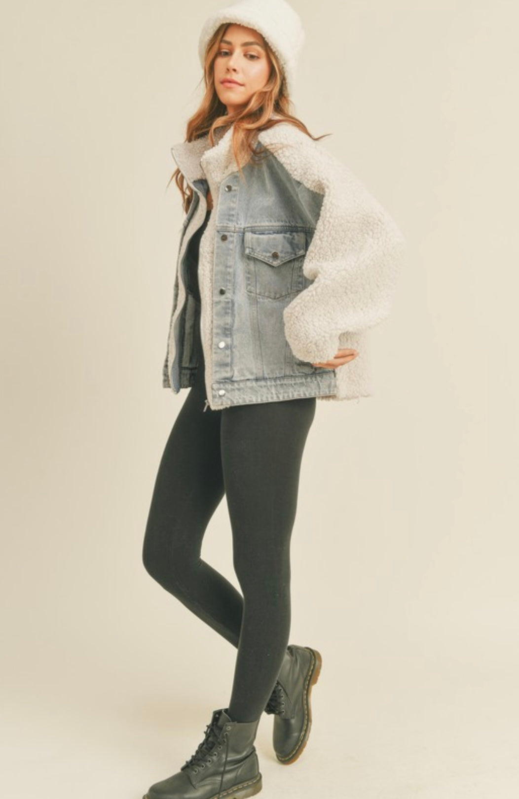 FLEECE AND DENIM COMBO OVERSIZED JACKET