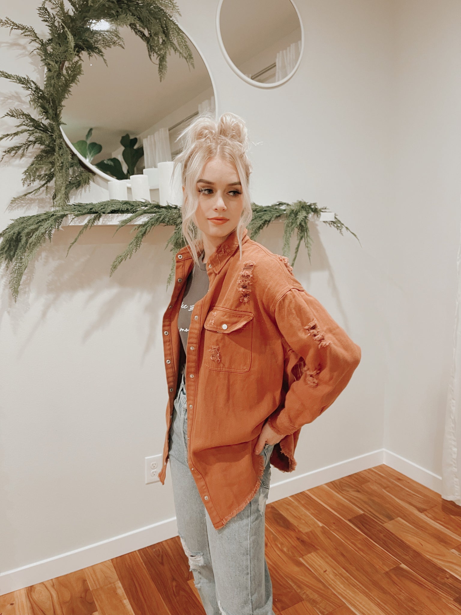 Distressed Frayed Hem Snap Button Jacket