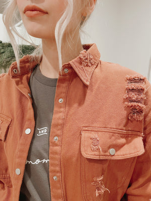 Distressed Frayed Hem Snap Button Jacket
