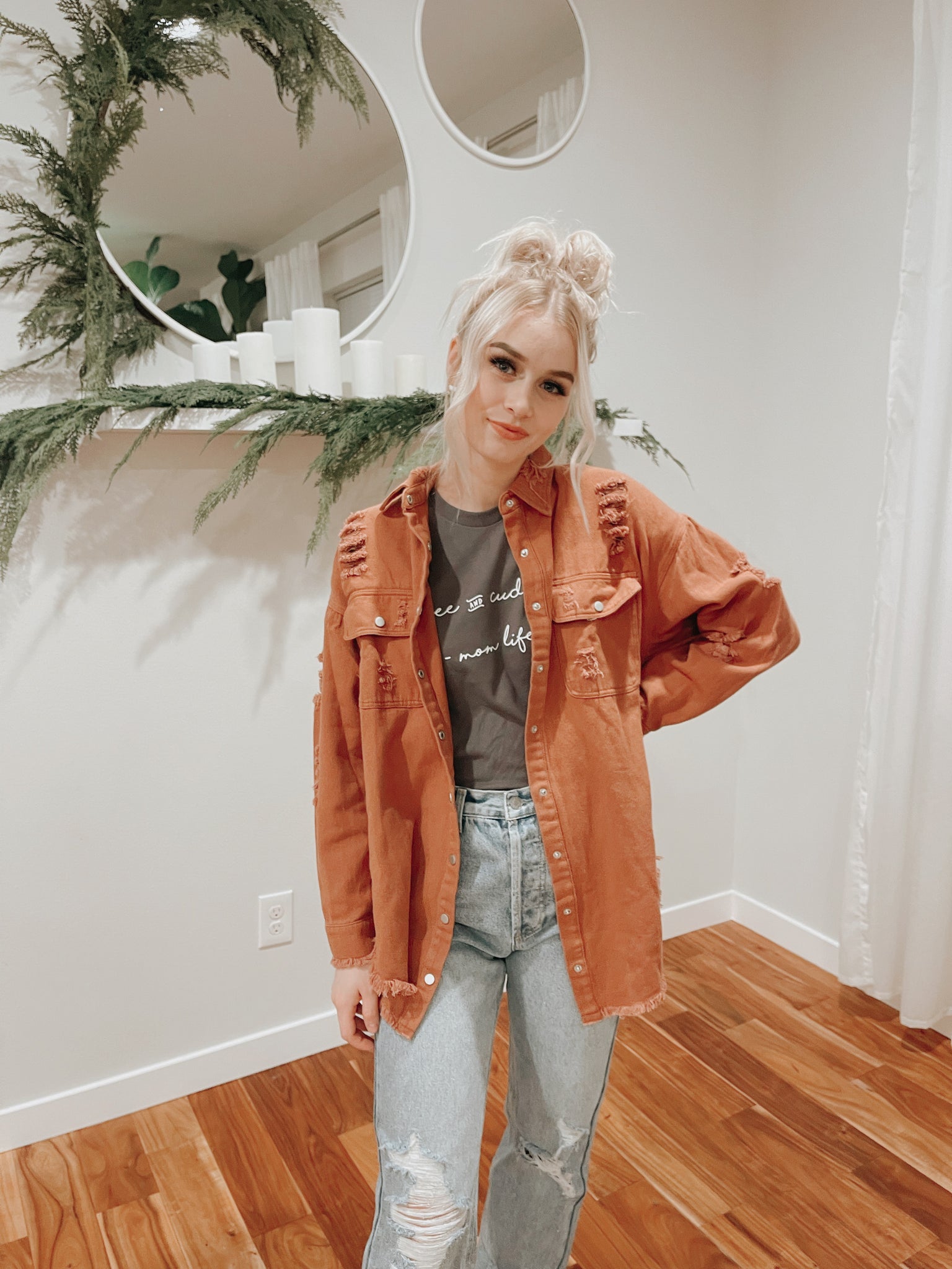 Distressed Frayed Hem Snap Button Jacket
