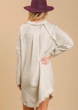 Waffle Knit Button Down Dress with HIgh Low Unfinished Hem