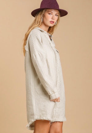 Waffle Knit Button Down Dress with HIgh Low Unfinished Hem