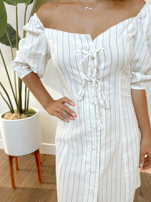 Striped Short Sleeves with Ribbon Front Strap