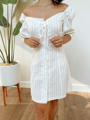 Striped Short Sleeves with Ribbon Front Strap