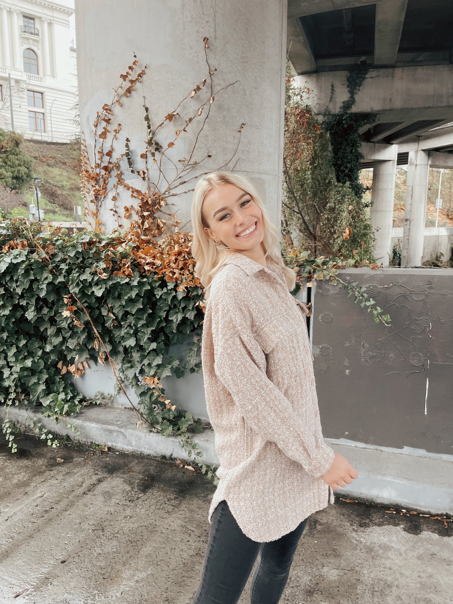 Long Sleeve Tweed Button Down Jacket