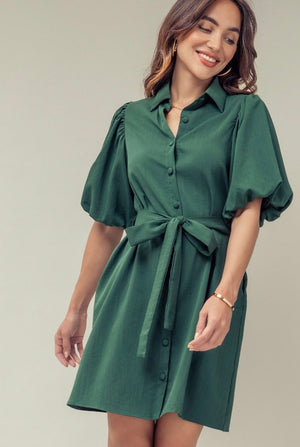 WAIST BELT TIE PUFF SLEEVE MIDI SHIRT DRESS