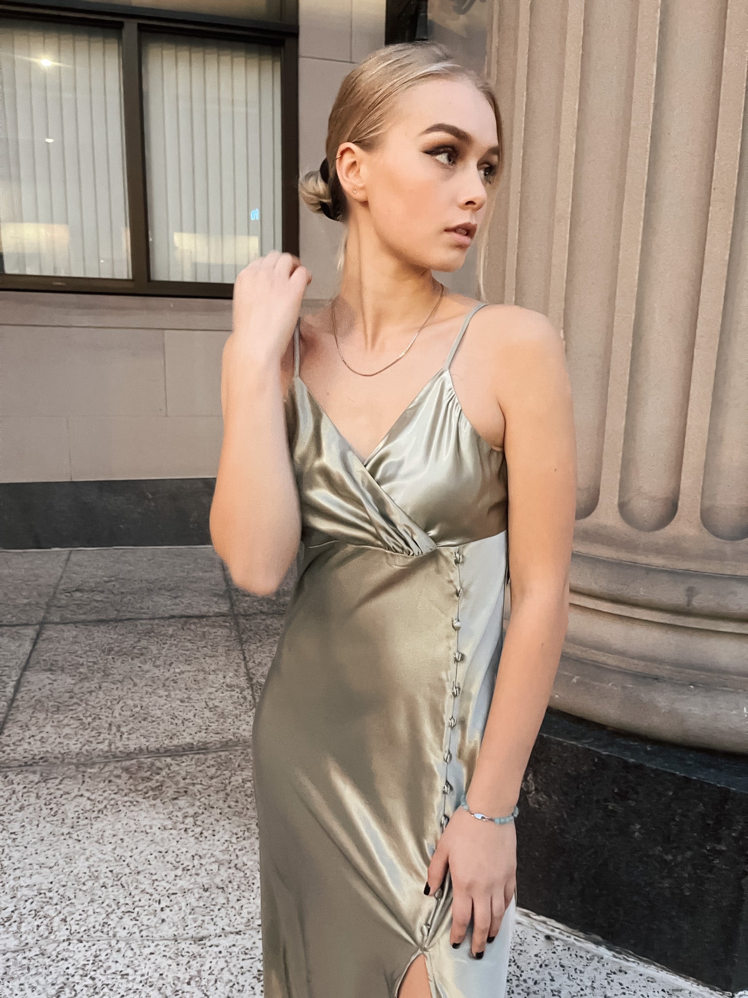 Split Side Button Trim Cami Dress