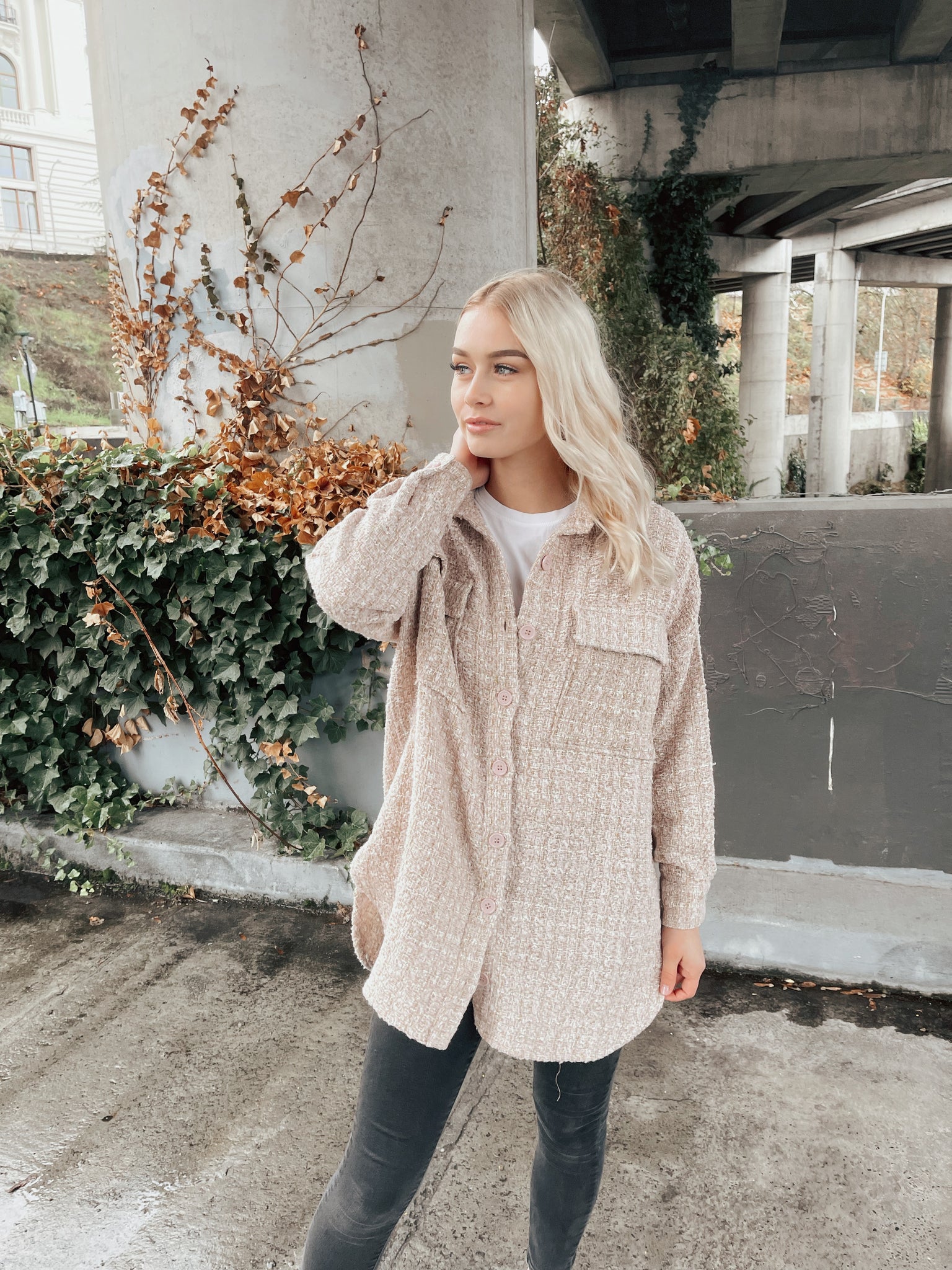 Long Sleeve Tweed Button Down Jacket
