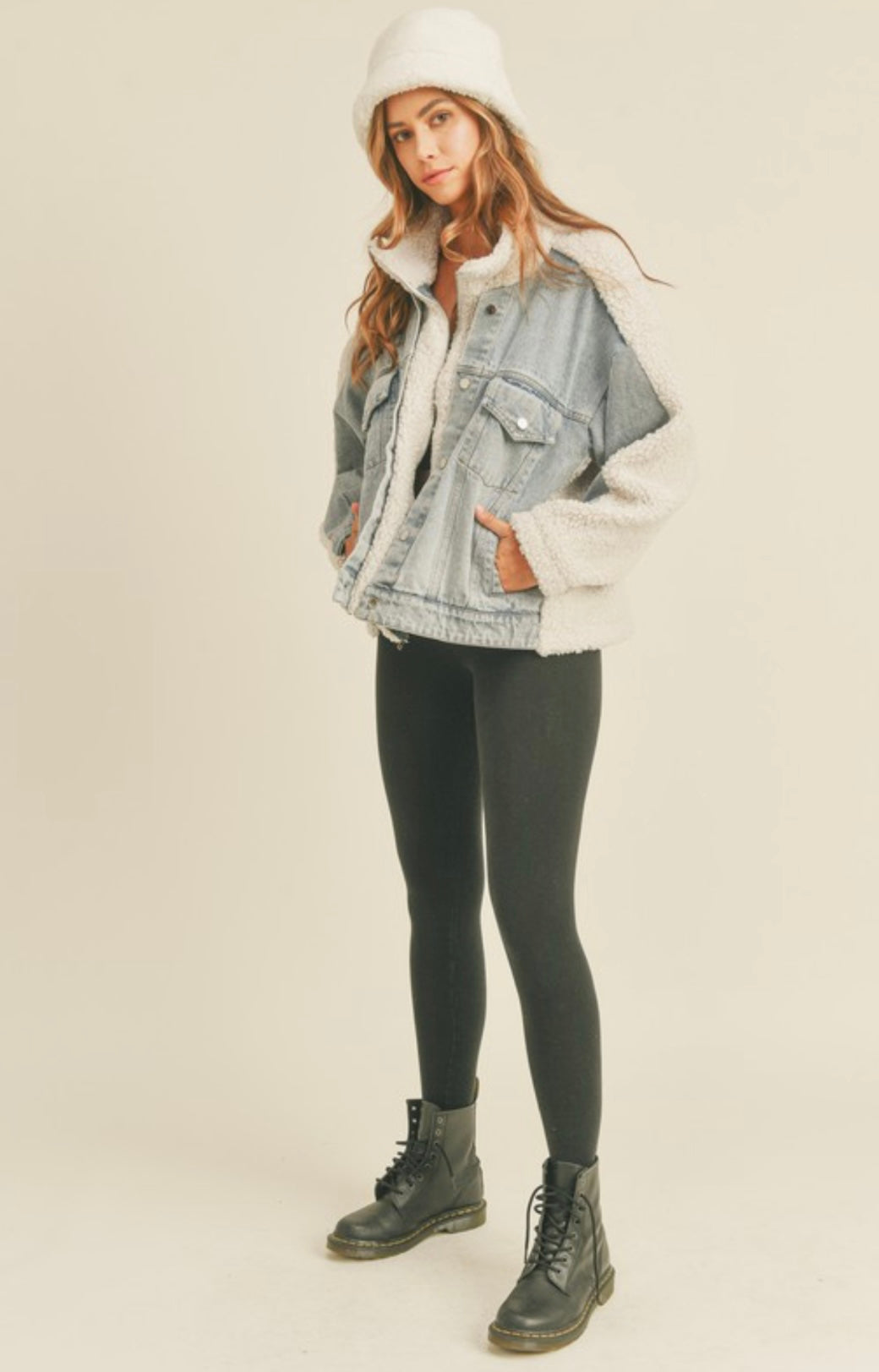 FLEECE AND DENIM COMBO OVERSIZED JACKET