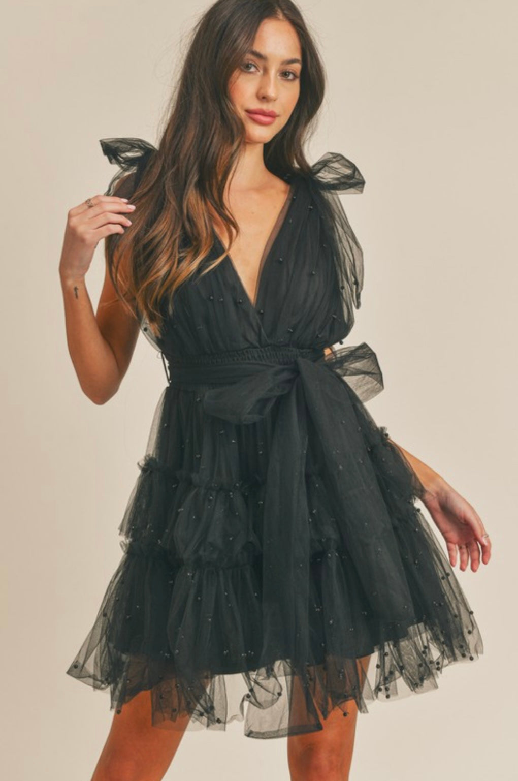 PEARL STUD MESH TULLE TIERED MINI DRESS