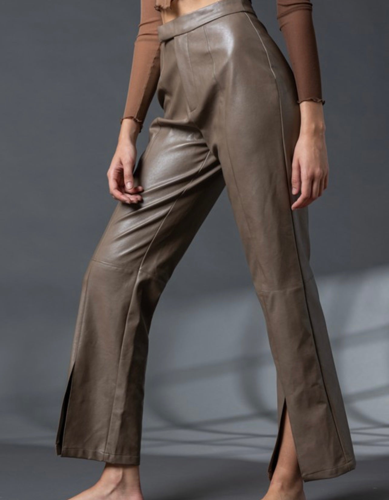 Leather Grid Front Slit Pants -Front Slit Faux Leather Pants