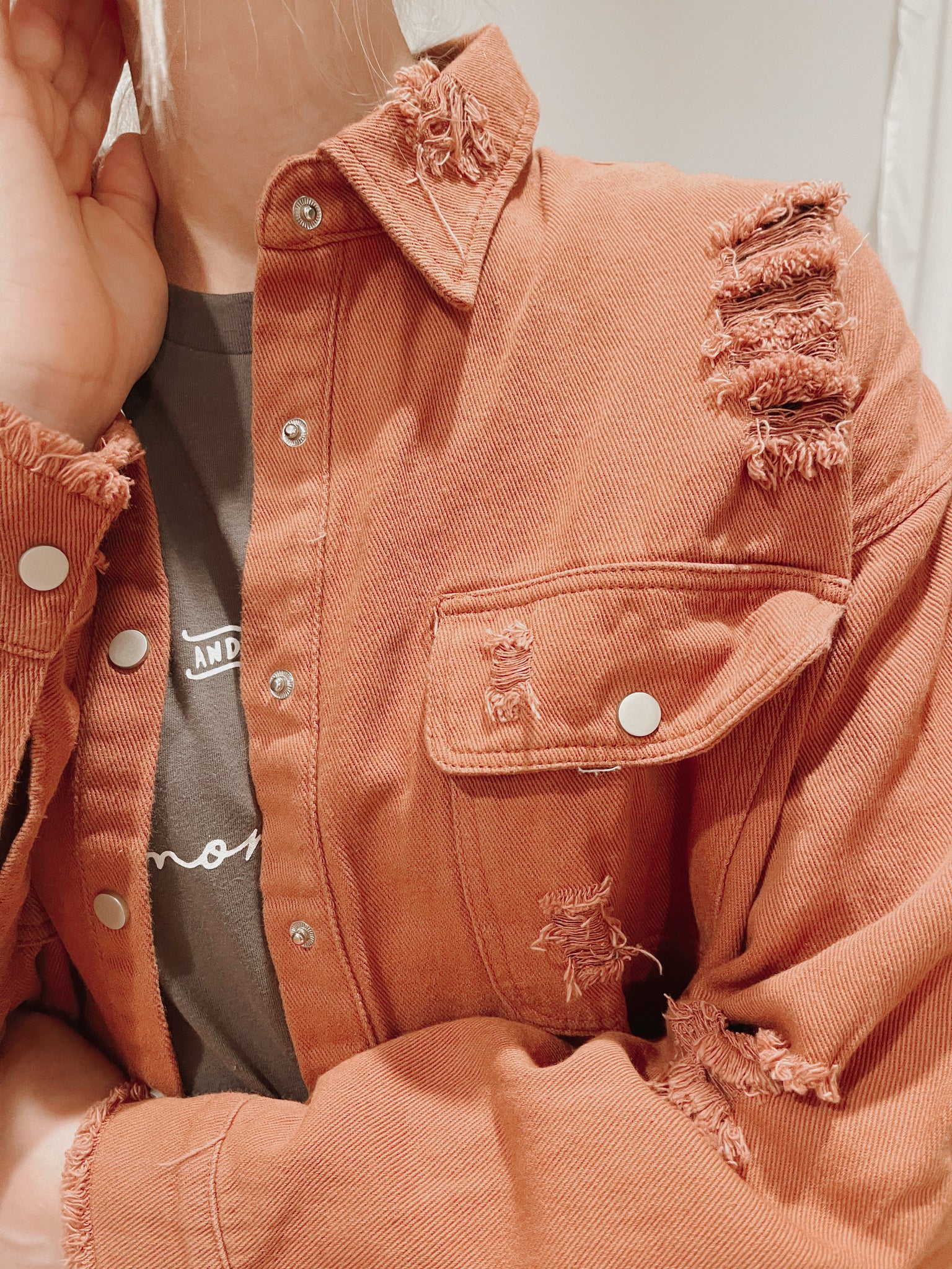 Distressed Frayed Hem Snap Button Jacket