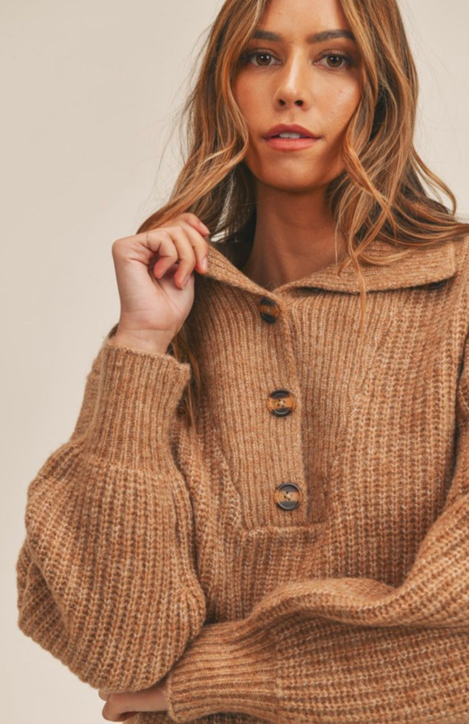 Long Puff Sleeve Button Sweater