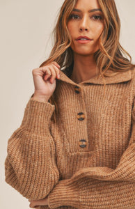 Long Puff Sleeve Button Sweater