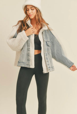 FLEECE AND DENIM COMBO OVERSIZED JACKET
