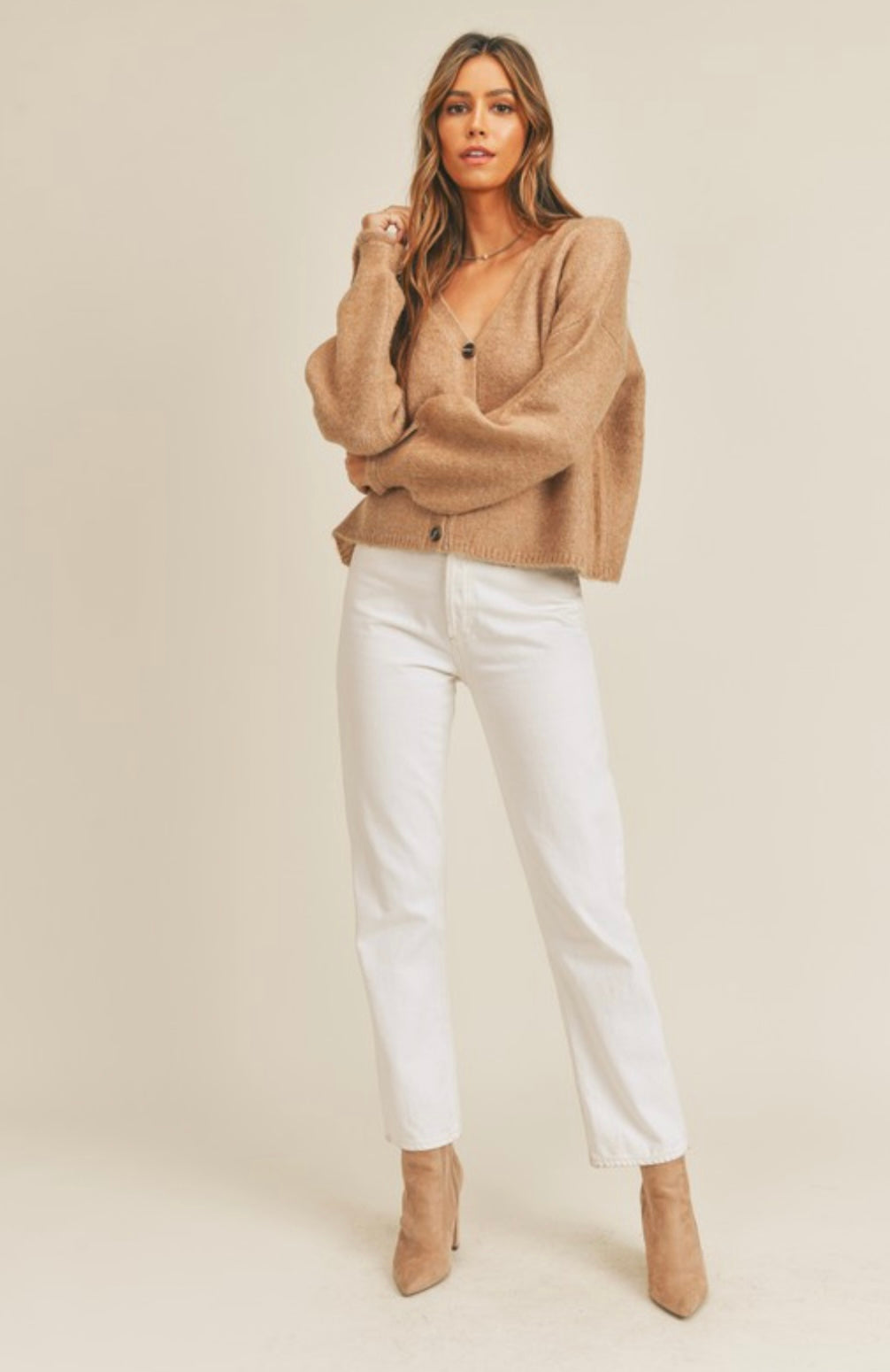 LONG PUFF SLEEVE BUTTON DOWN SWEATER CARDIGAN