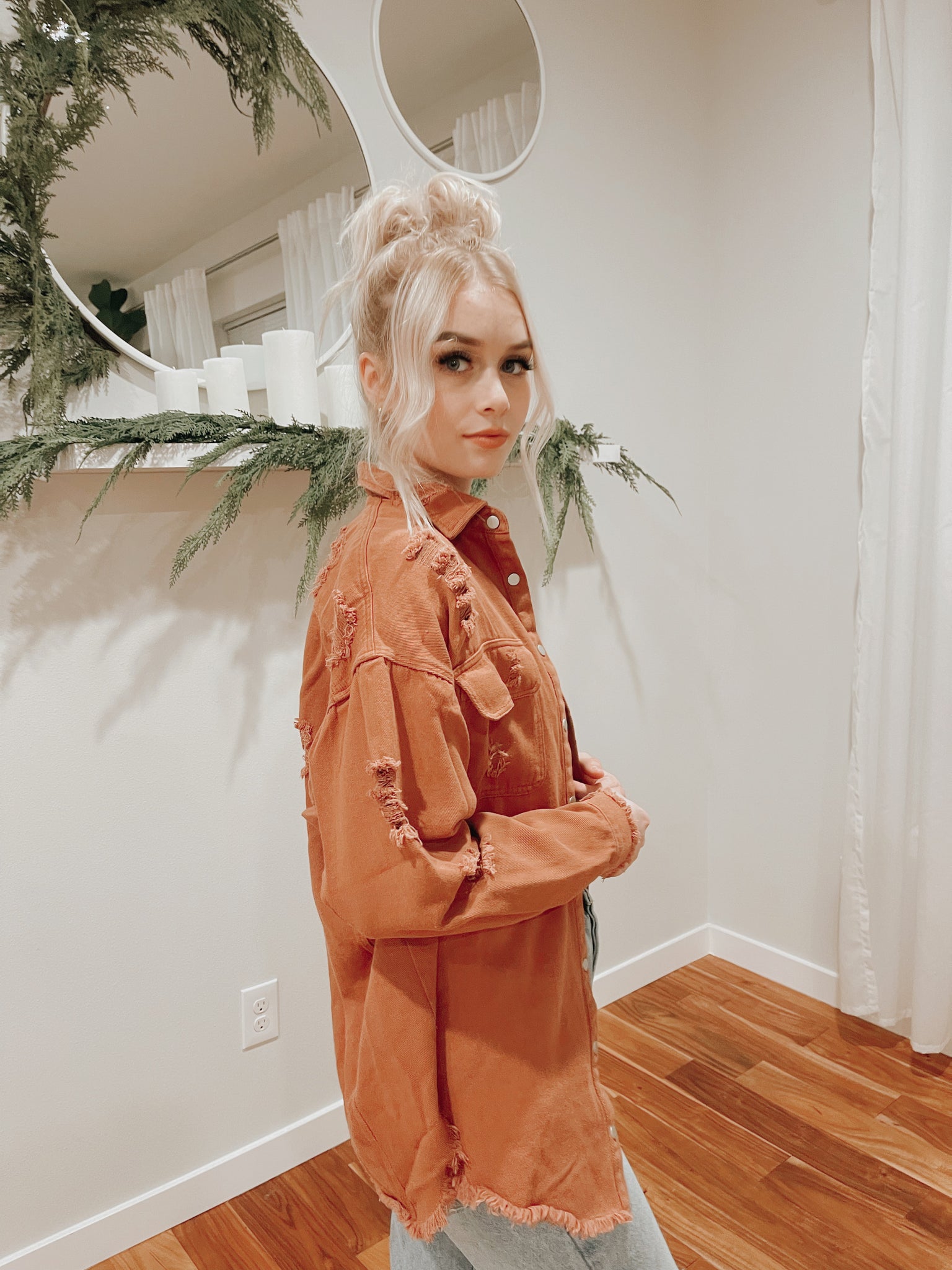 Distressed Frayed Hem Snap Button Jacket